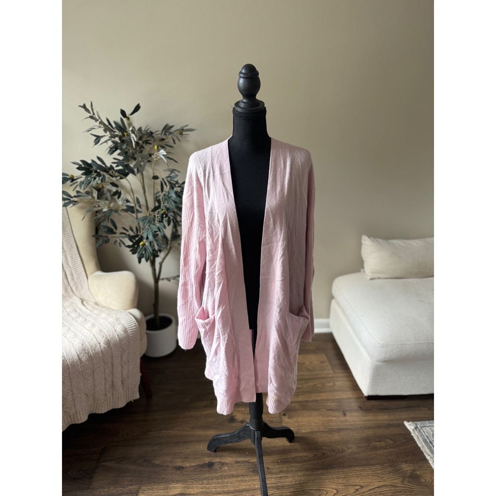 Theory Pink 100% Cashmere Longline Open Front Rib Sleeve Cardigan Sweater Large
